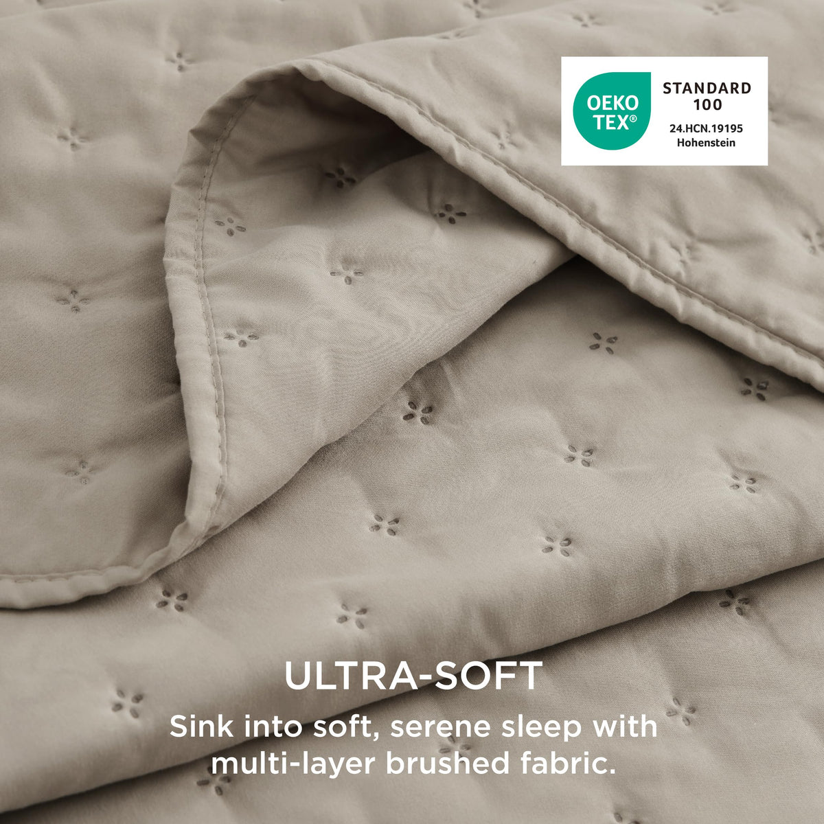 Bedsure all-season taupe quilt with 85 GSM shell and warm feel.