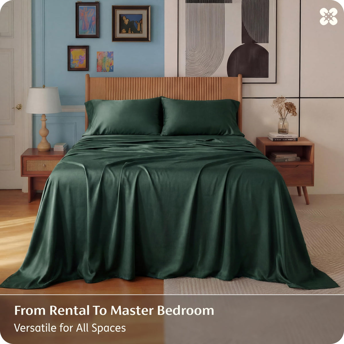 Bedsure bedroom setup with forest green sheets evokes hotel luxury at home
