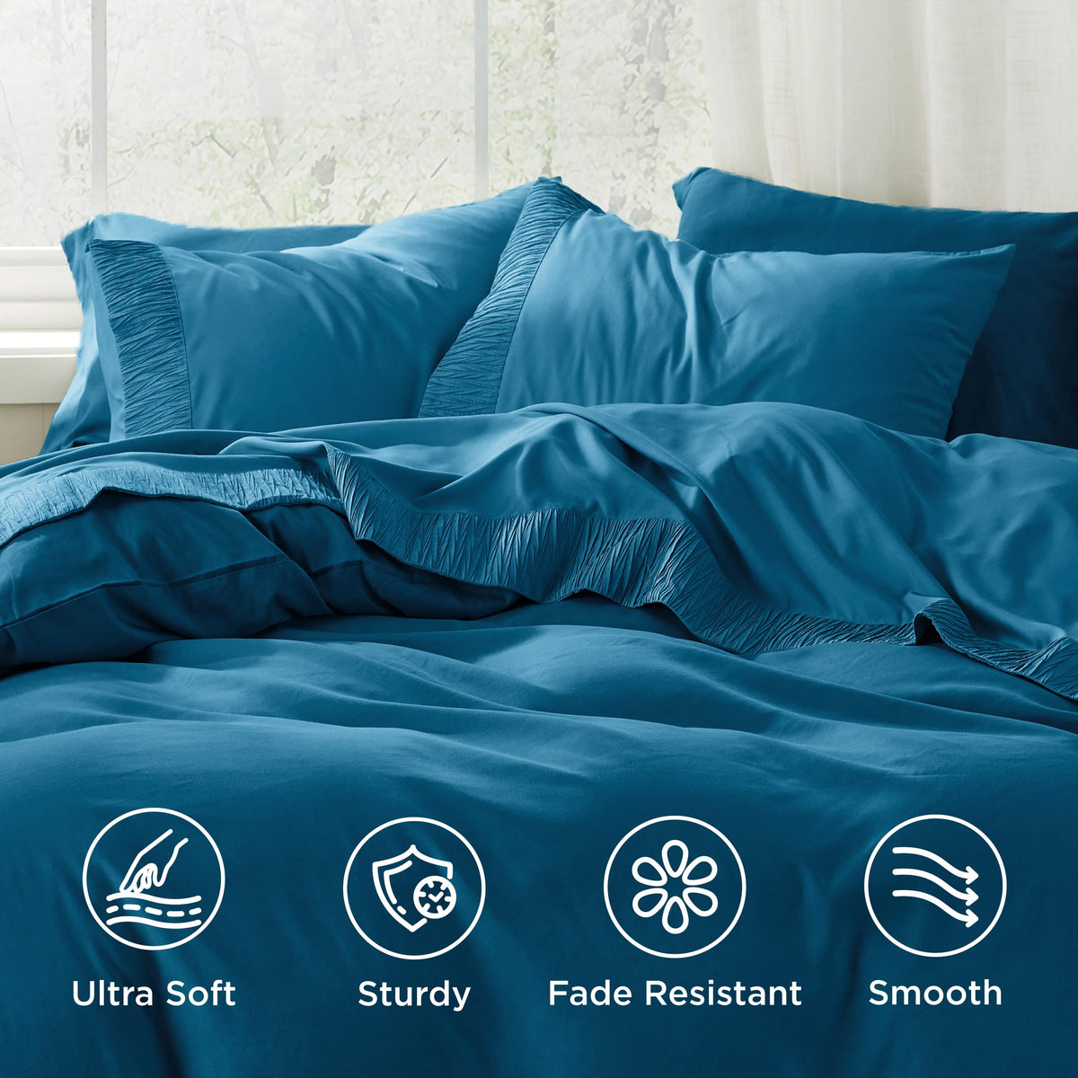 Bedsure king fitted sheet in teal blue fits 14-inch pockets securely.