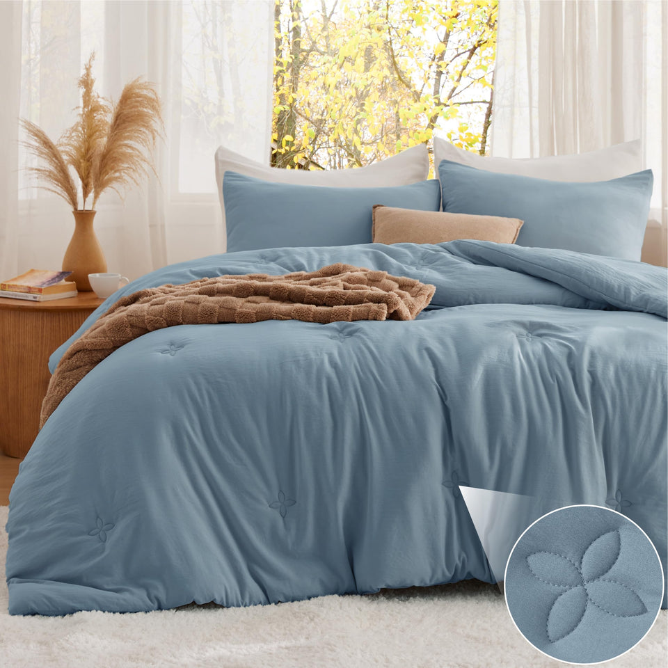 Bedsure king-size mineral blue comforter folded for display, highlighting plush warmth and breathable, cozy feel.