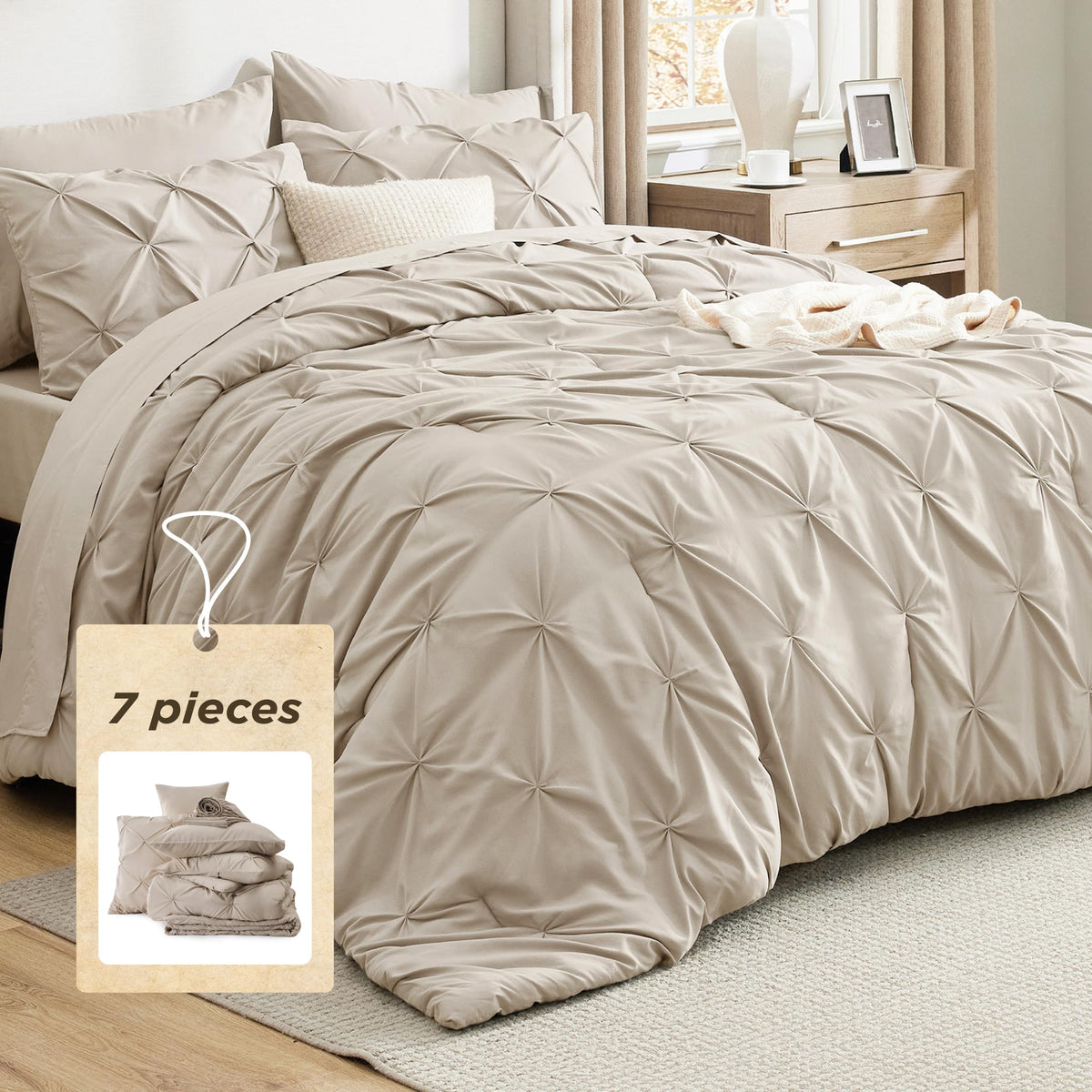 Bedsure king-size comforter set beige with plush microfiber for year-round comfort.