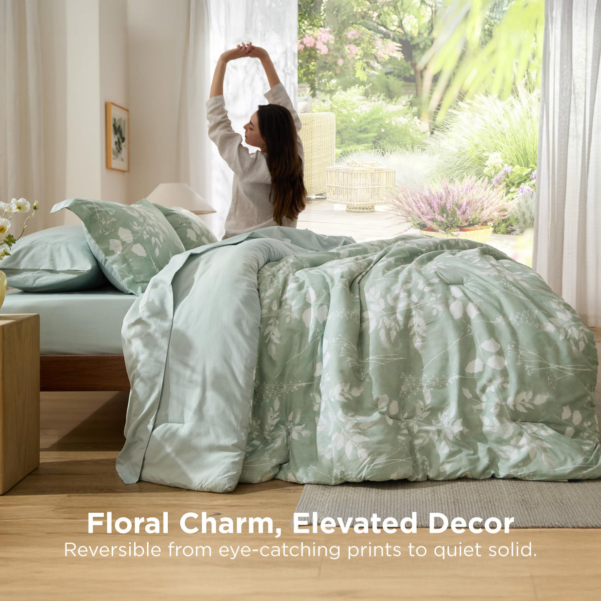 Bedsure floral sage green bedding in a bedroom setting.