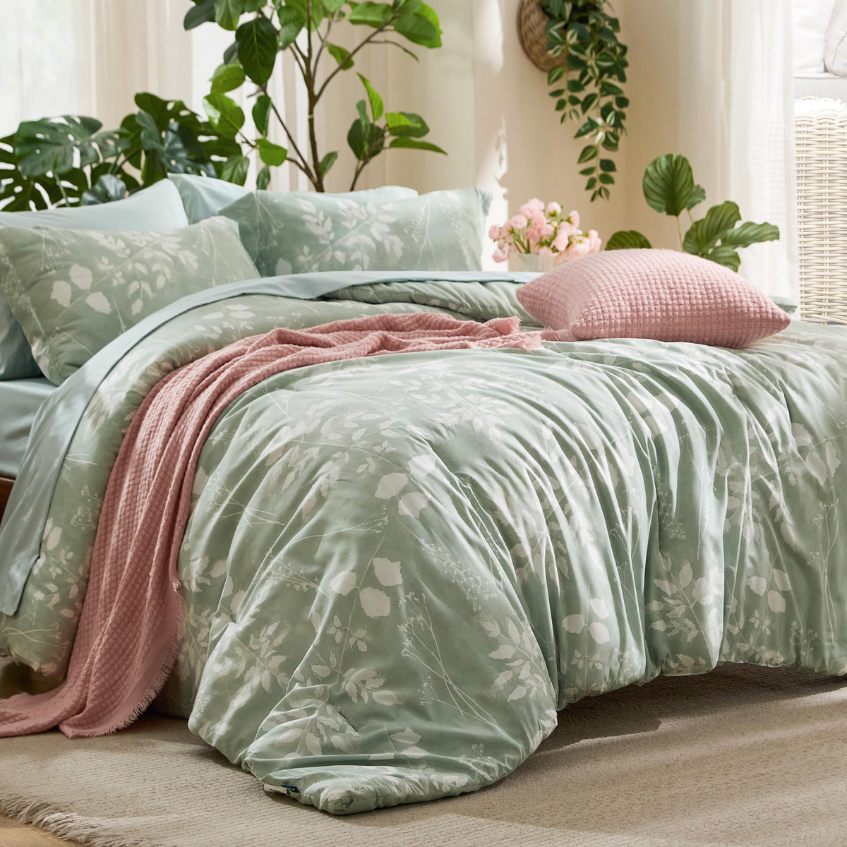 Bedsure bed setup with floral sage green comforter for cozy styling.