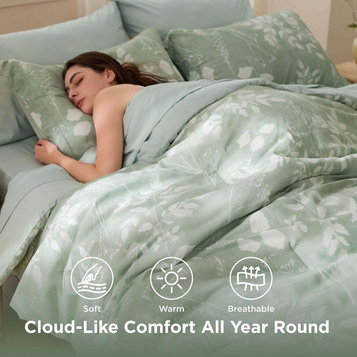 Bedsure floral sage green bedding draped on a bed showing layered style.
