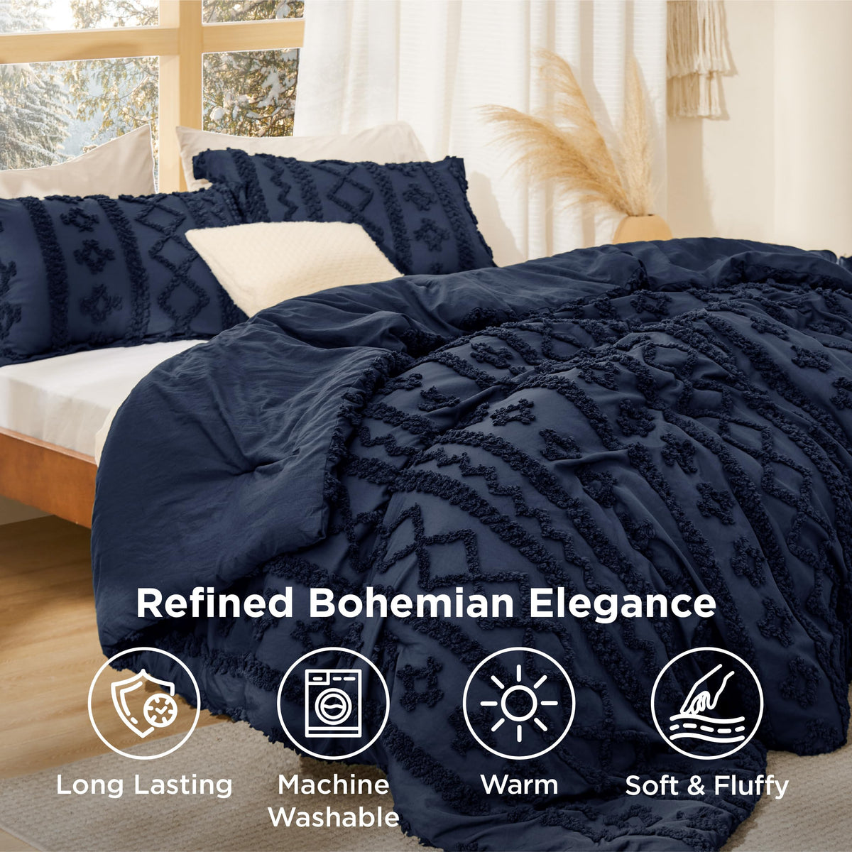 Bedsure king-size navy comforter adds dramatic style and cozy warmth.