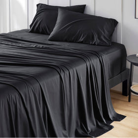 Bedsure king-size bamboo-rayon cooling sheet set, top view, breathable and moisture-wicking for hot nights.