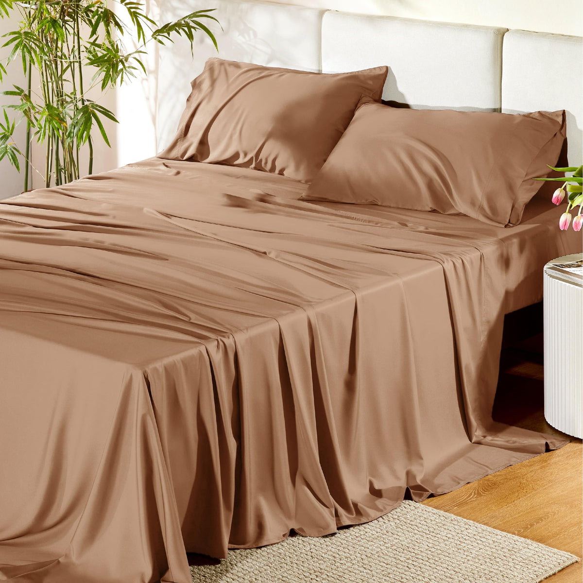 Bedsure king-size flat sheet in khaki, breathable bamboo rayon for cooling comfort