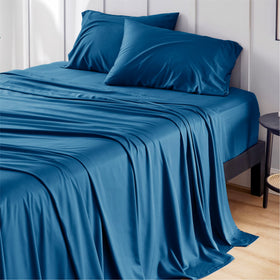 Bedsure king size cooling sheets in teal lie smooth on a bed, enhancing hotel luxury.