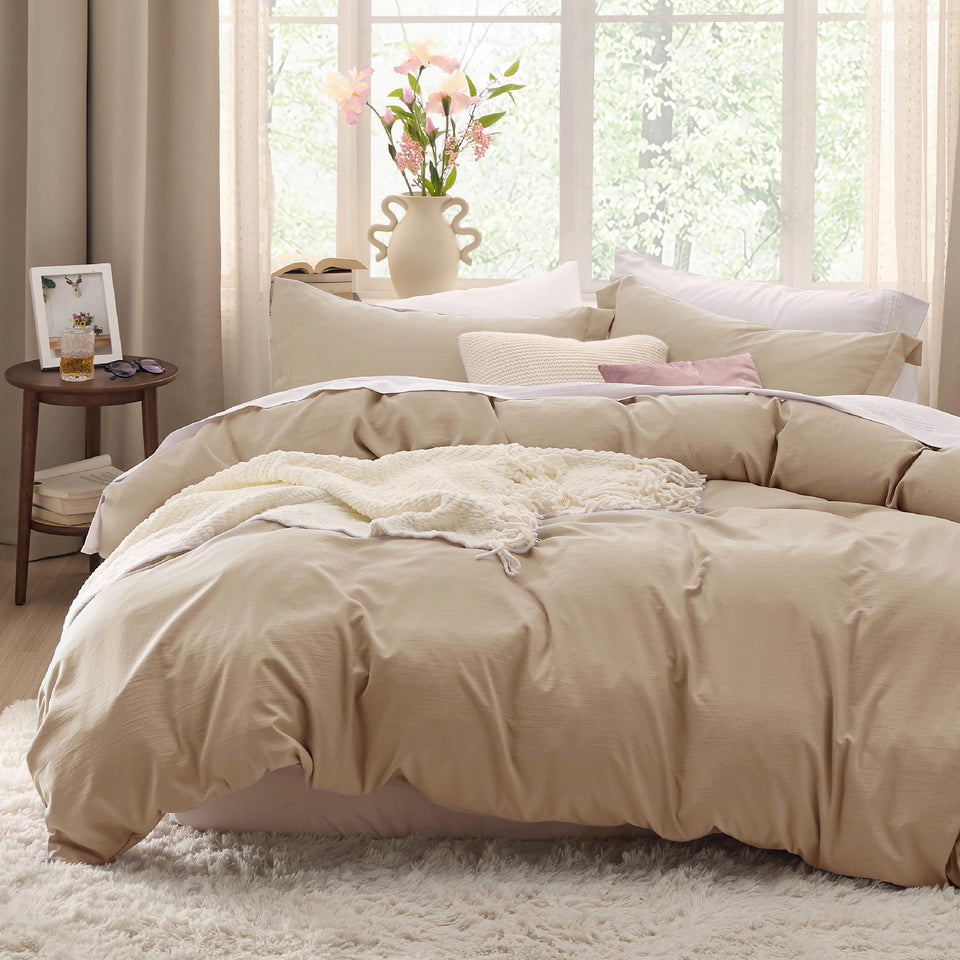 Bedsure duvet cover in light brown with a soft, breathable fabric for comfortable sleep.
