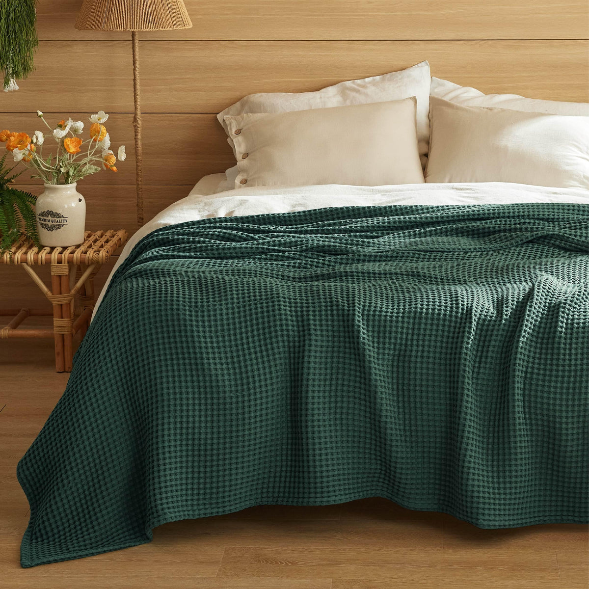 Bedsure living room decor with dark-green blanket accent.