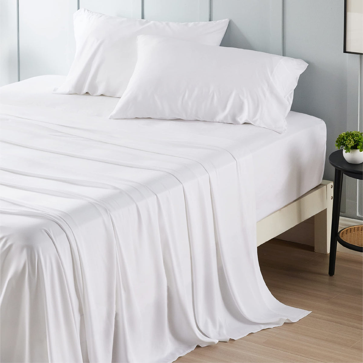 Bedsure luxury hotel style white bedroom setup with crisp bedding and calm vibe