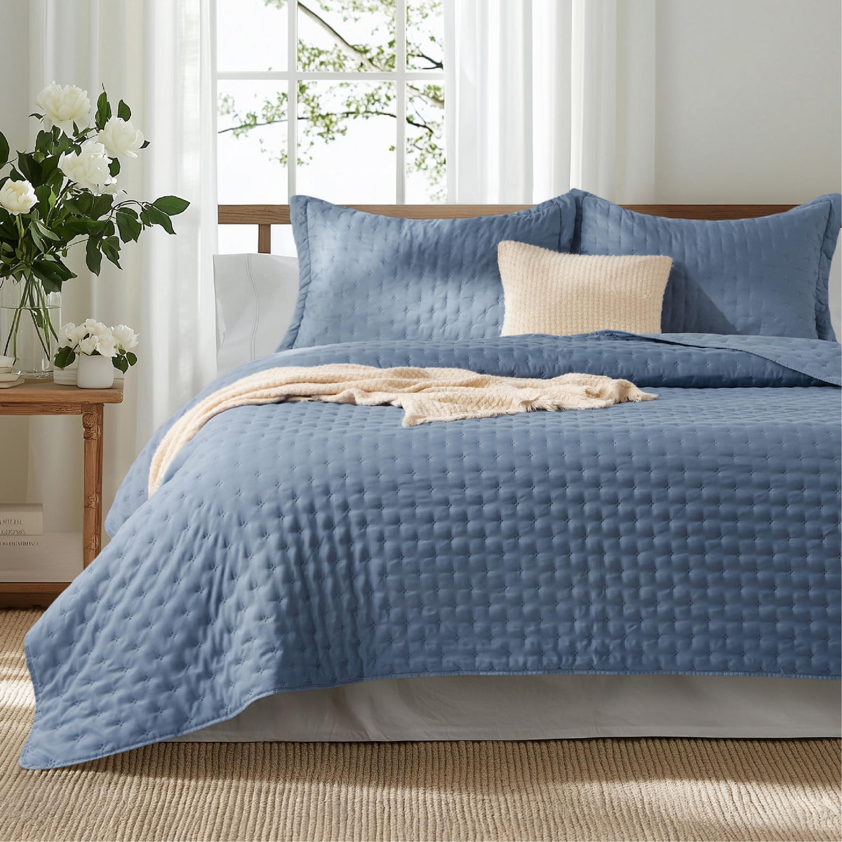 Bedsure mineral blue king quilt displayed on bed for a soft, inviting look