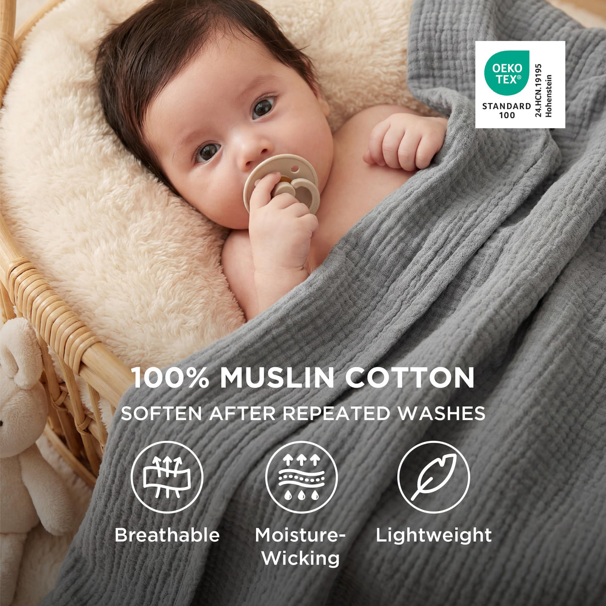 Close-up weave of Bedsure muslin blanket highlights airy fabric.