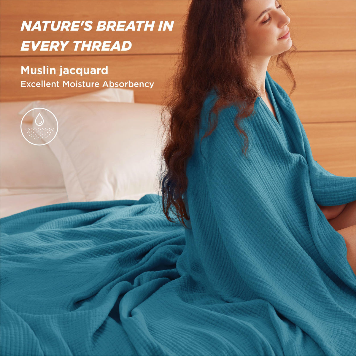 Bedsure teal muslin blanket closeup weave showing airy structure for comfort.
