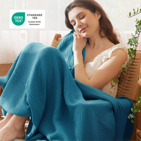 Bedsure teal muslin blanket fabric texture highlighting soft fibers.