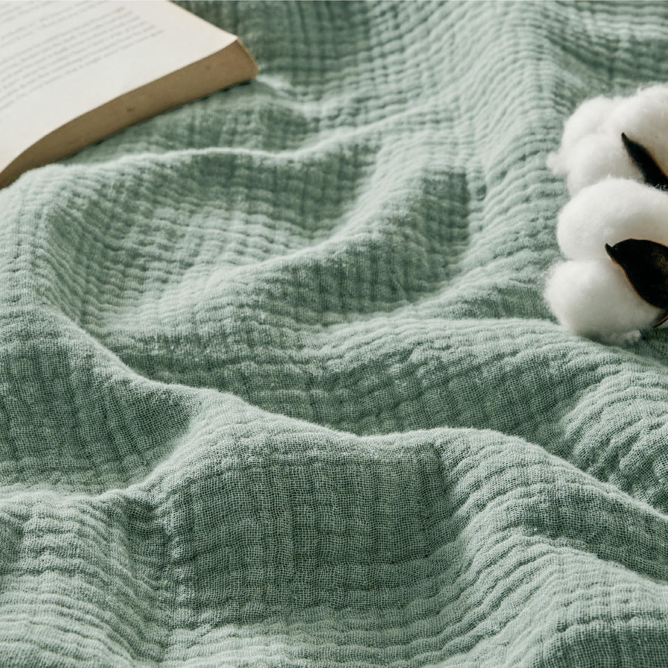 Bedsure muslin throw blanket in sage green, 50x70, ideal for couch lounging.