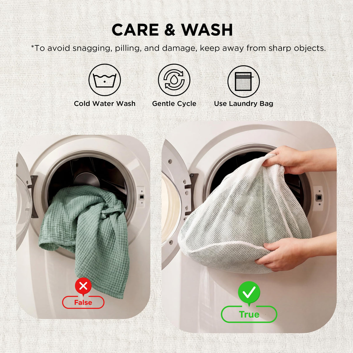 Bedsure muslin throw in washing care setting to emphasize easy care.
