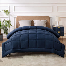 Bedsure navy blue bed setup showcases cozy bedroom ambience.