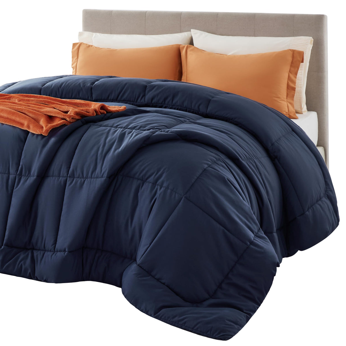 Bedsure navy blue queen comforter close-up stitching showing durable box-stitch construction.