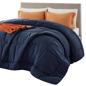 Bedsure navy blue queen comforter close-up stitching showing durable box-stitch construction.