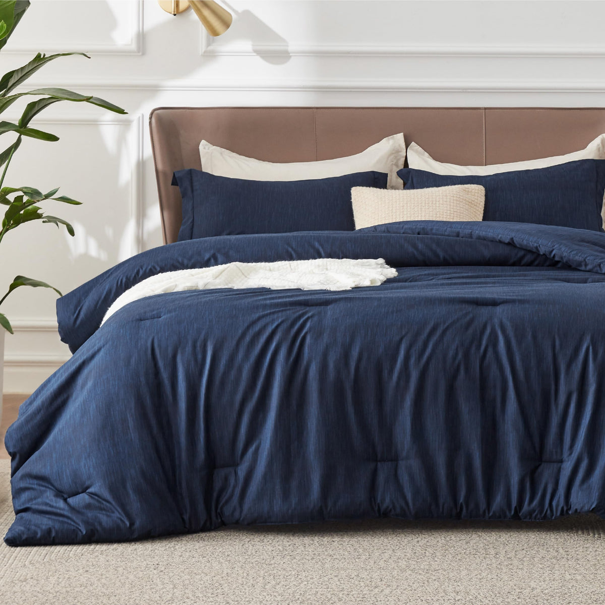 Bedsure navy blue queen comforter set main view shows plush year-round warmth