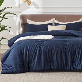 Bedsure navy blue queen comforter set main view shows plush year-round warmth