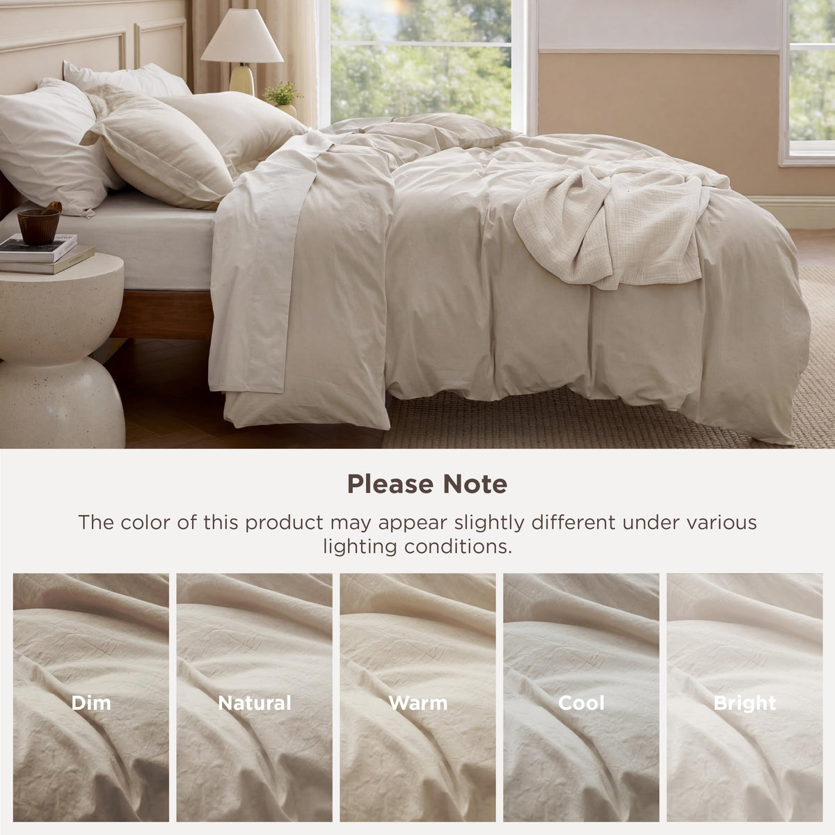Bedsure oatmeal color fabric texture and soft drape on display.