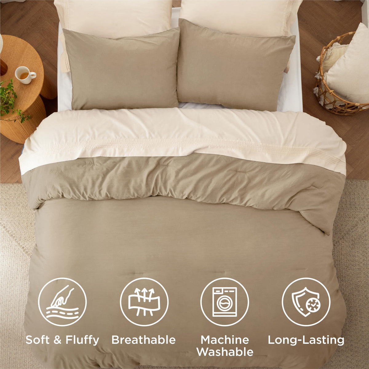 Bedsure OEKO-TEX certification label on the comforter for safety standards.