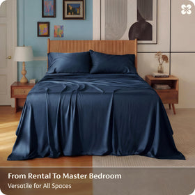Bedsure OEKO-TEX label on navy sheets signaling chemical-free safety.