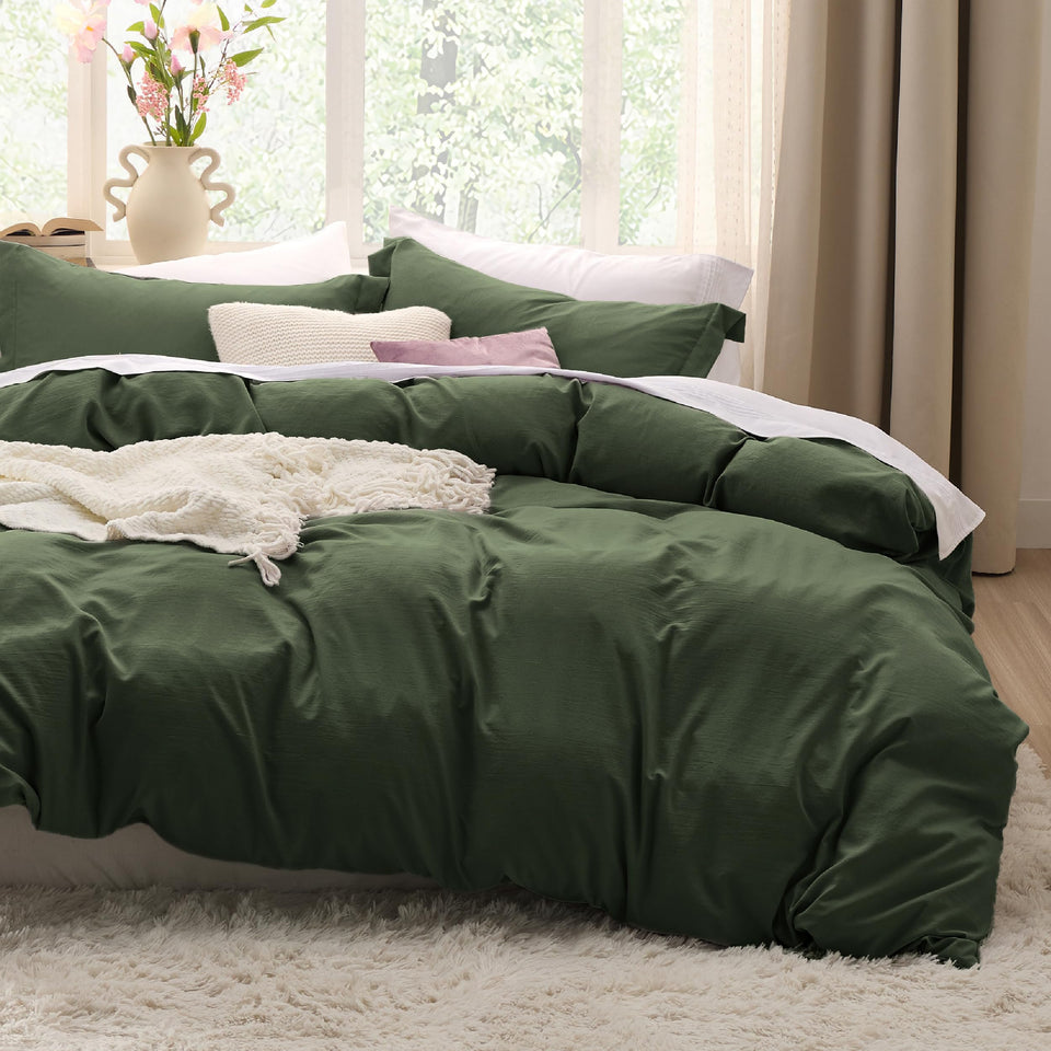 Bedsure olive green California King duvet cover front view; ultra-soft microfiber for cozy nights.