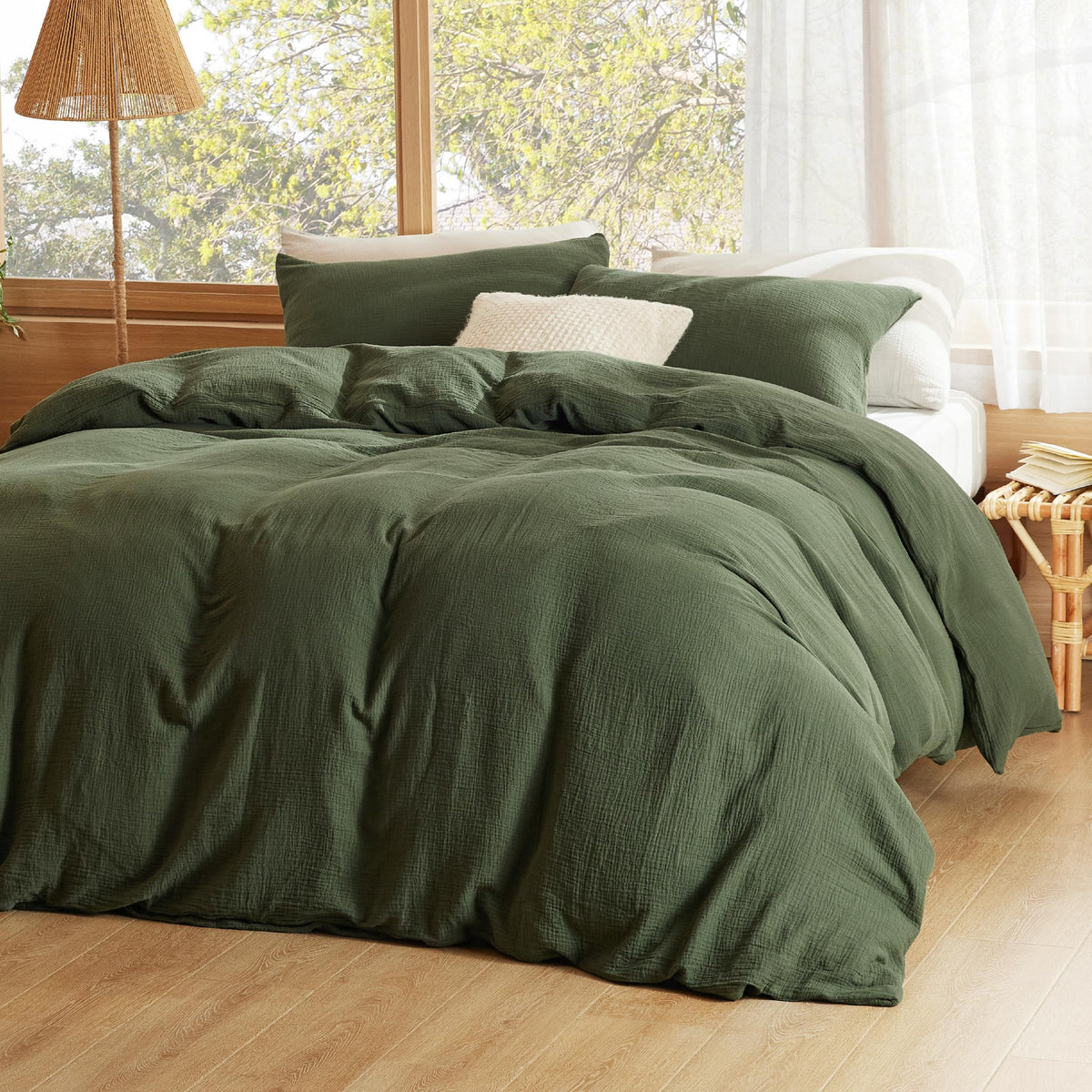 Bedsure olive green duvet cover close-up highlighting soft gauze weave and texture