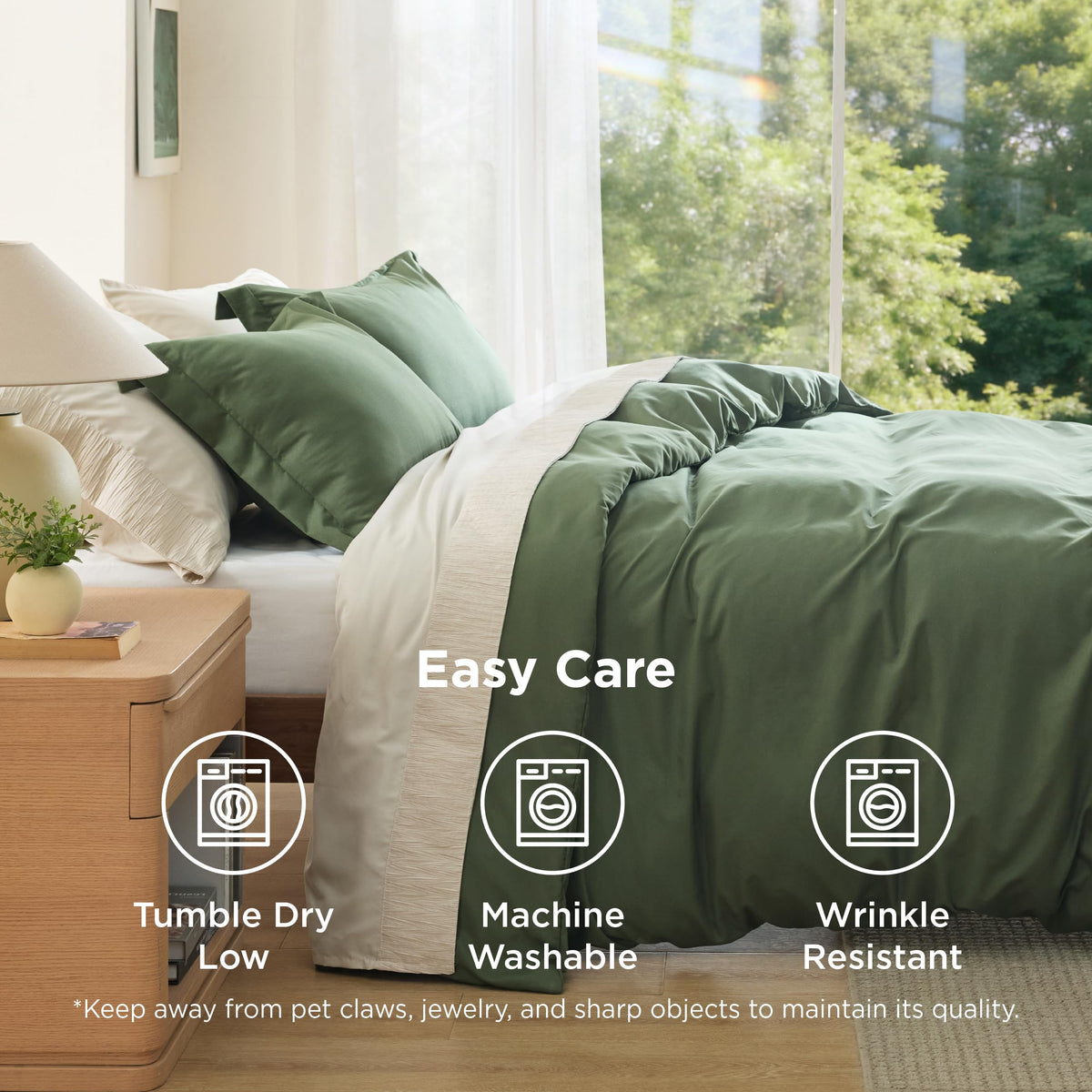 Bedsure olive green duvet cover queen care image shows machine washable, low-dry care