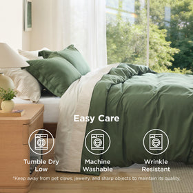 Bedsure olive green duvet cover queen care image shows machine washable, low-dry care