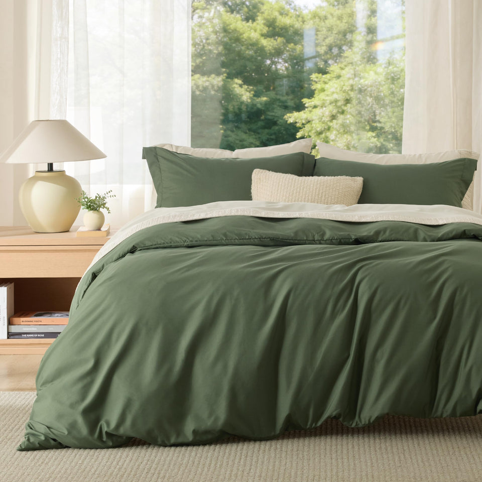Bedsure olive green duvet cover queen front view shows soft, breathable fabric for cooler sleep