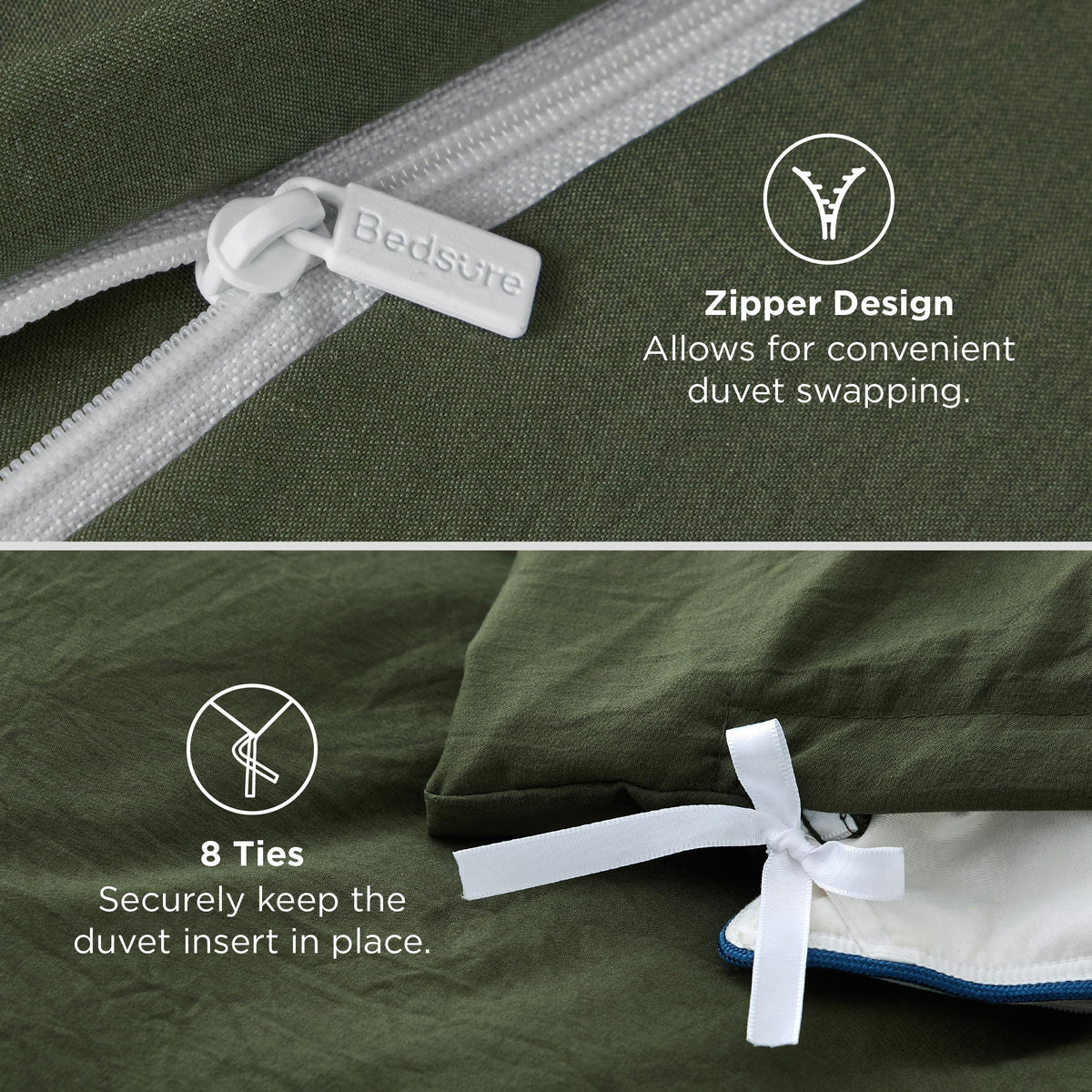 Bedsure olive green fabric is lightweight for year-round comfort.