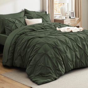 Bedsure olive green king-size comforter set, front view, showcasing rich color and pintuck texture.