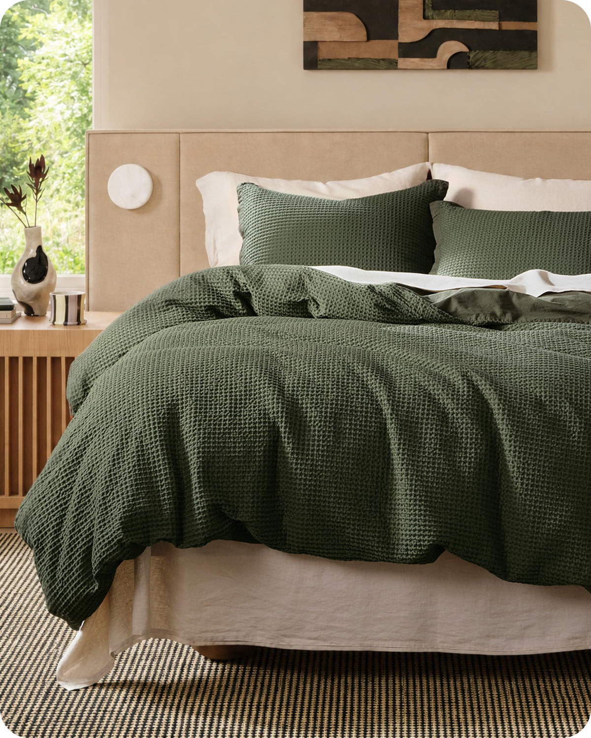 Bedsure olive green waffle duvet cover close-up texture for cozy, breathable comfort