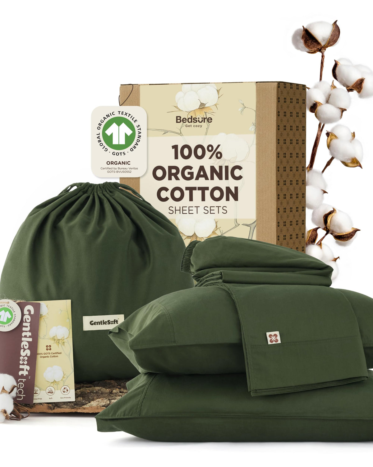 Bedsure organic cotton fitted sheet in olive green with a secure 17-inch pocket