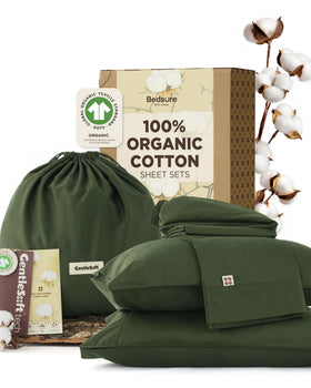 Bedsure organic cotton fitted sheet in olive green with a secure 17-inch pocket