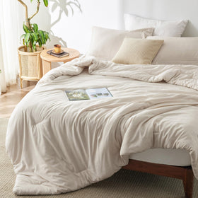 Bedsure oversized king comforter 120x98 in beige for year-round coziness.