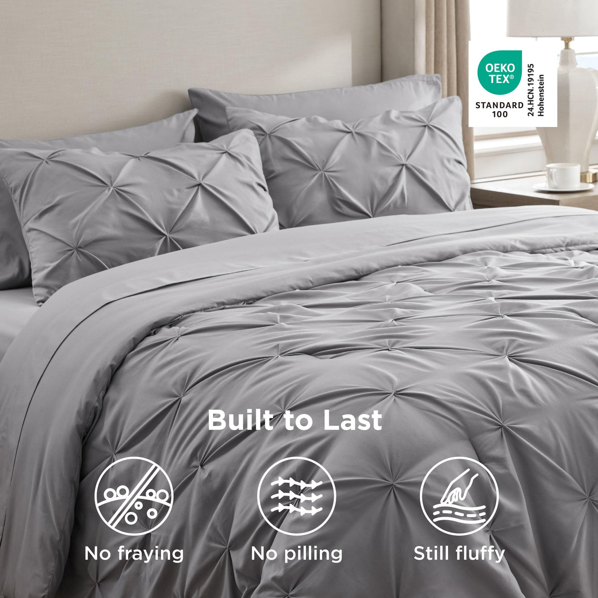 Bedsure grey wash care close-up illustrating fade-resistant microfiber durability
