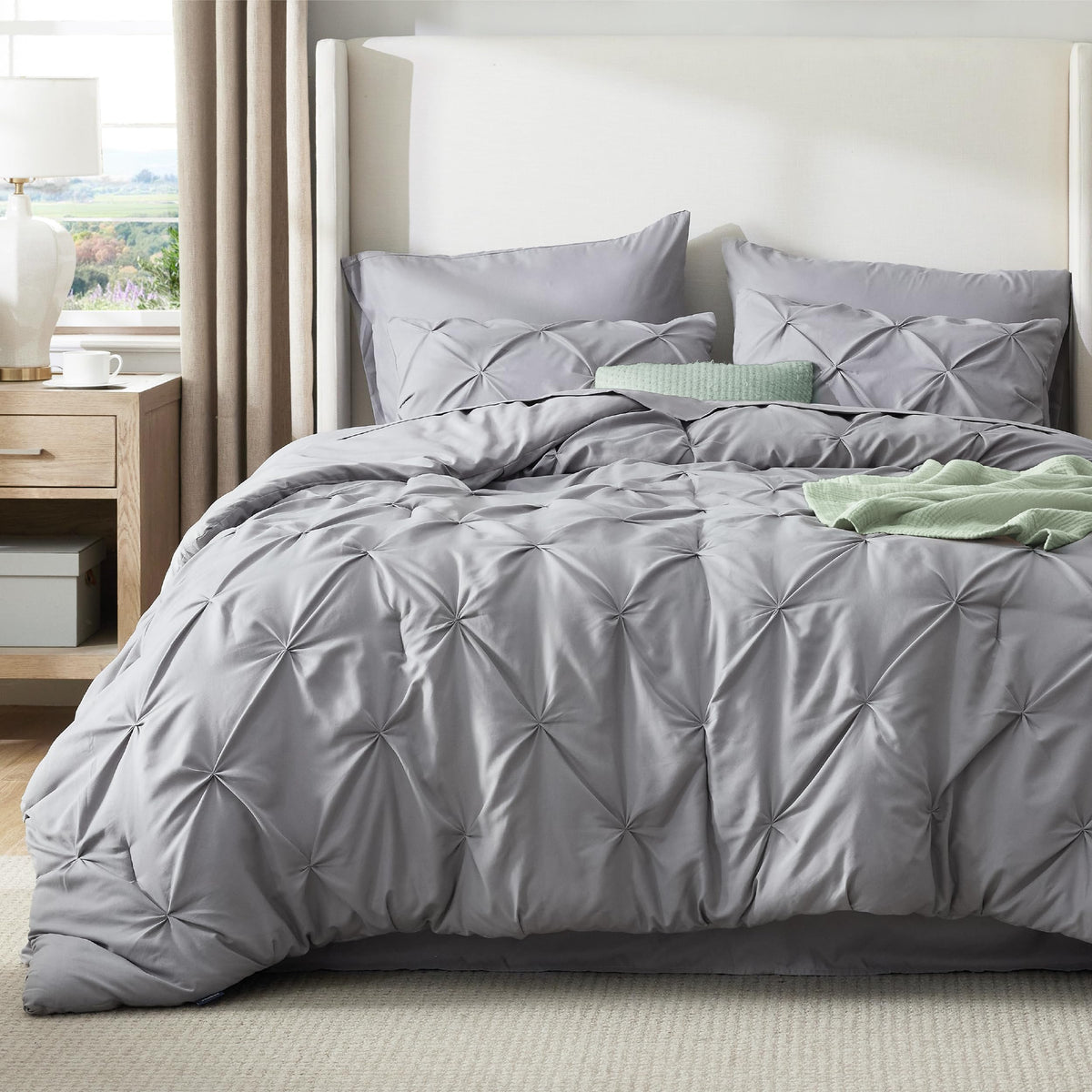 Bedsure grey dorm or guest room setup with complete bedding set