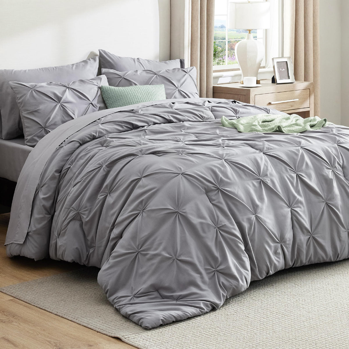 Bedsure oversized king comforter grey pinch-pleat detail for a luxurious bed look