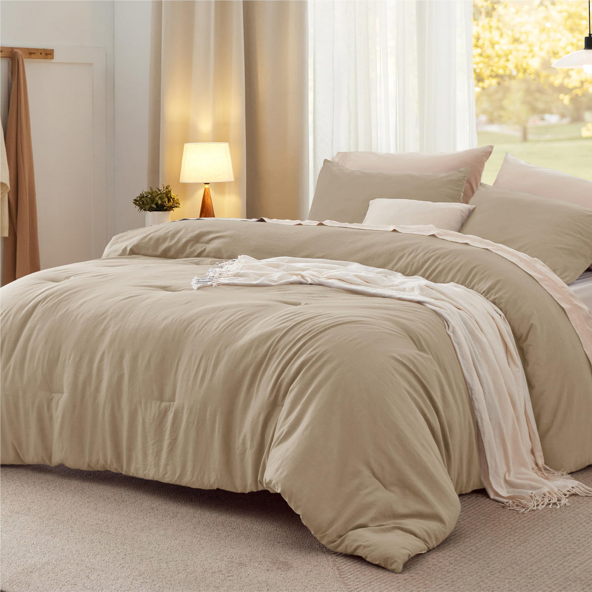 Bedsure oversized king comforter in khaki with cotton-like softness for year-round coziness.