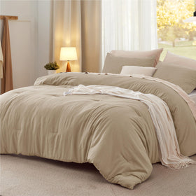 Bedsure oversized king comforter in khaki with cotton-like softness for year-round coziness.