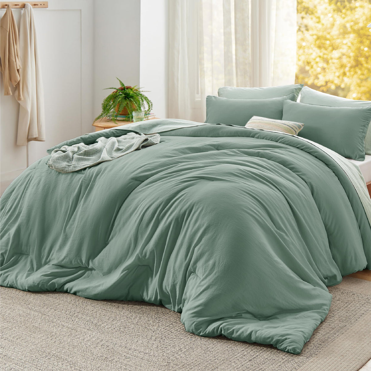 Bedsure oversized king comforter in sage green front view offers all-season coziness.