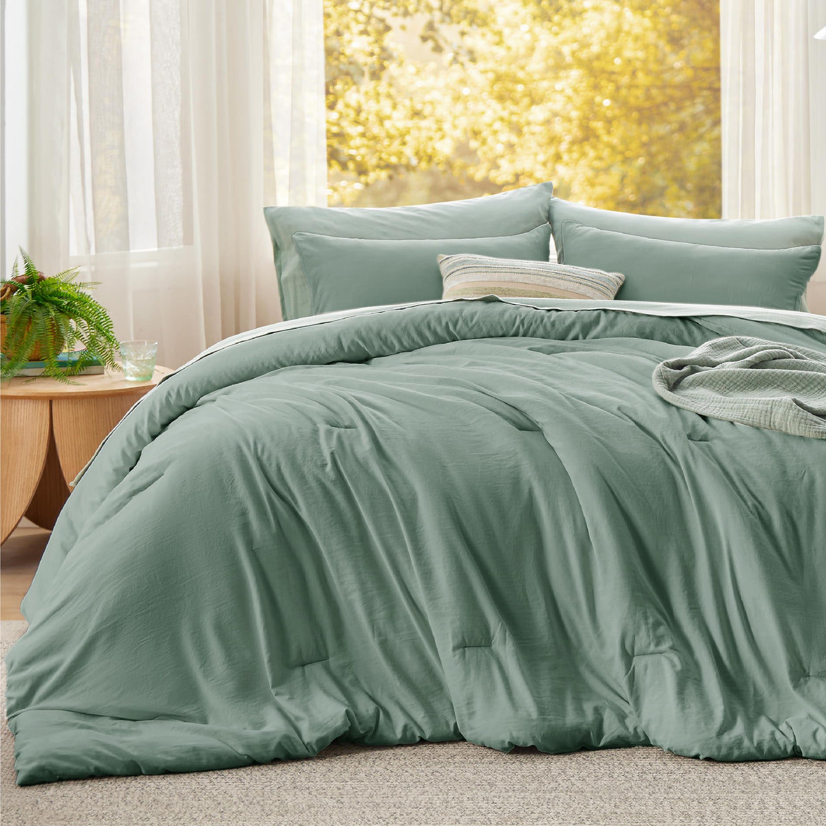 Bedsure sage green comforter reverse view shows subtle color contrast for styling.