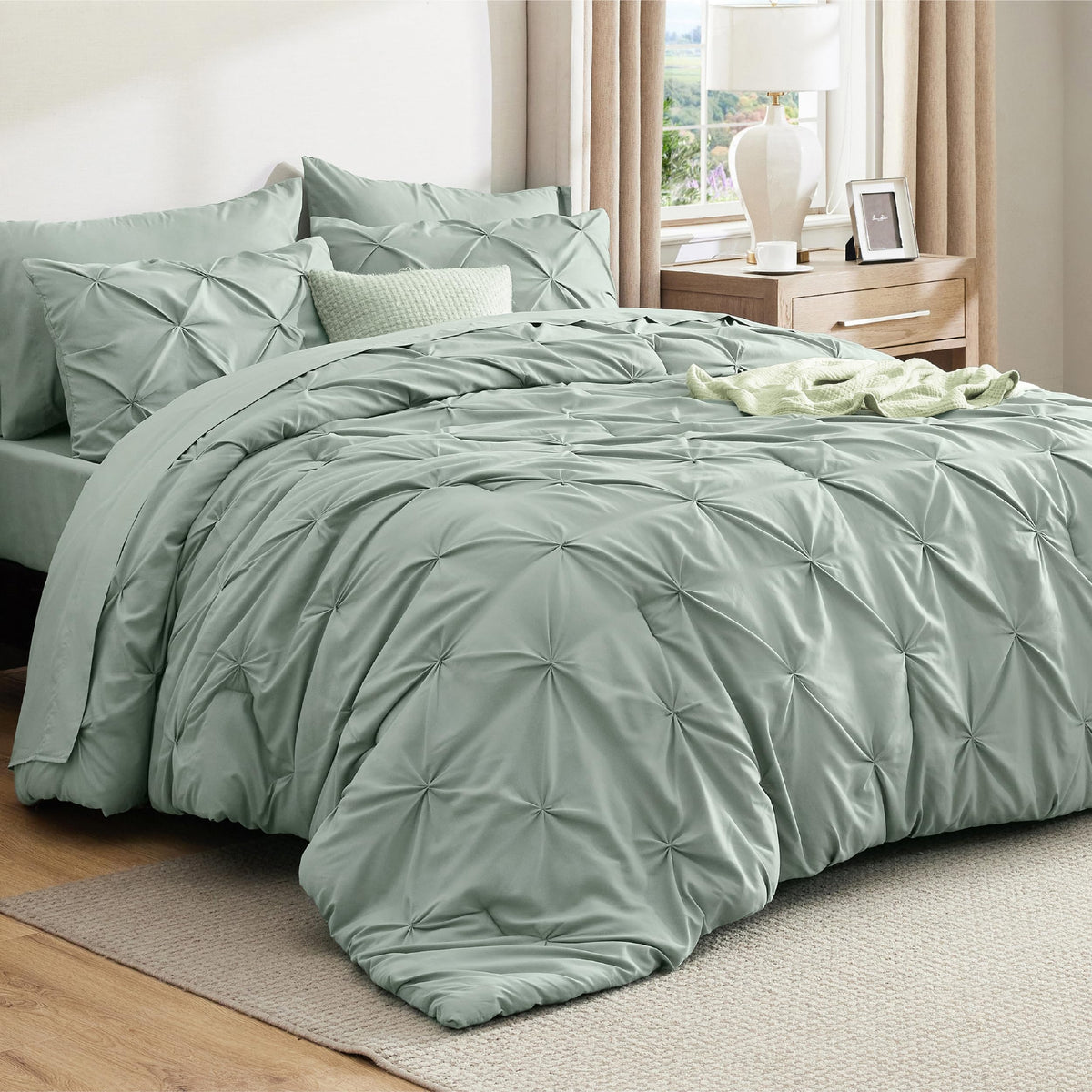 Bedsure oversized king comforter in sage green with soft, quiet microfiber