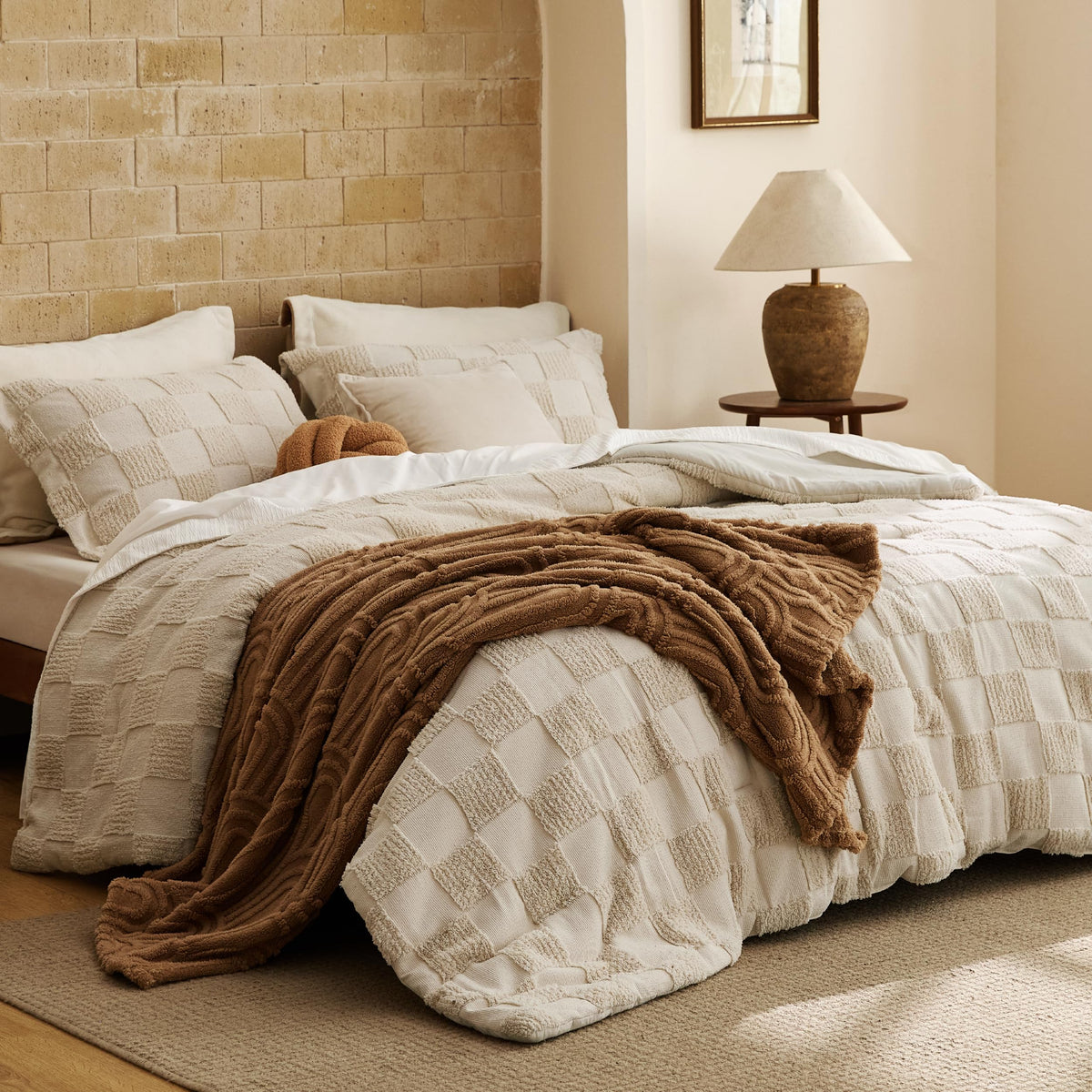 Bedsure beige pillow shams with matching geometric design for complete bed styling