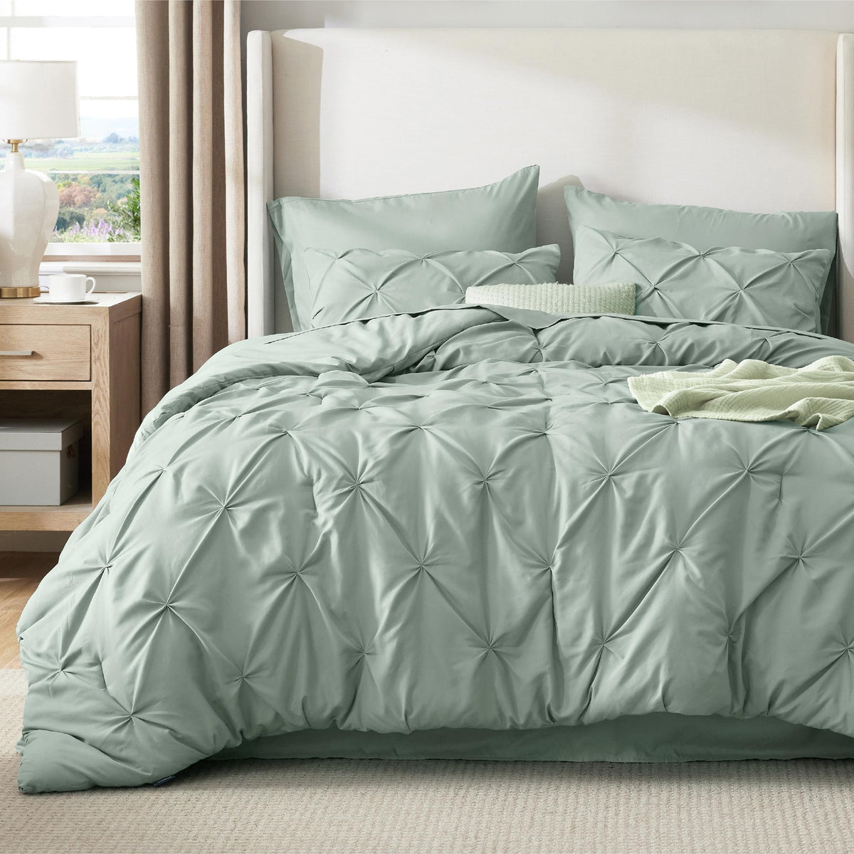 Bedsure pinch-pleat design in sage green enhances elegant bedroom decor